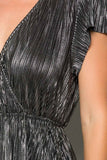 Metallic Pleated Wrap Maxi Dress, Black