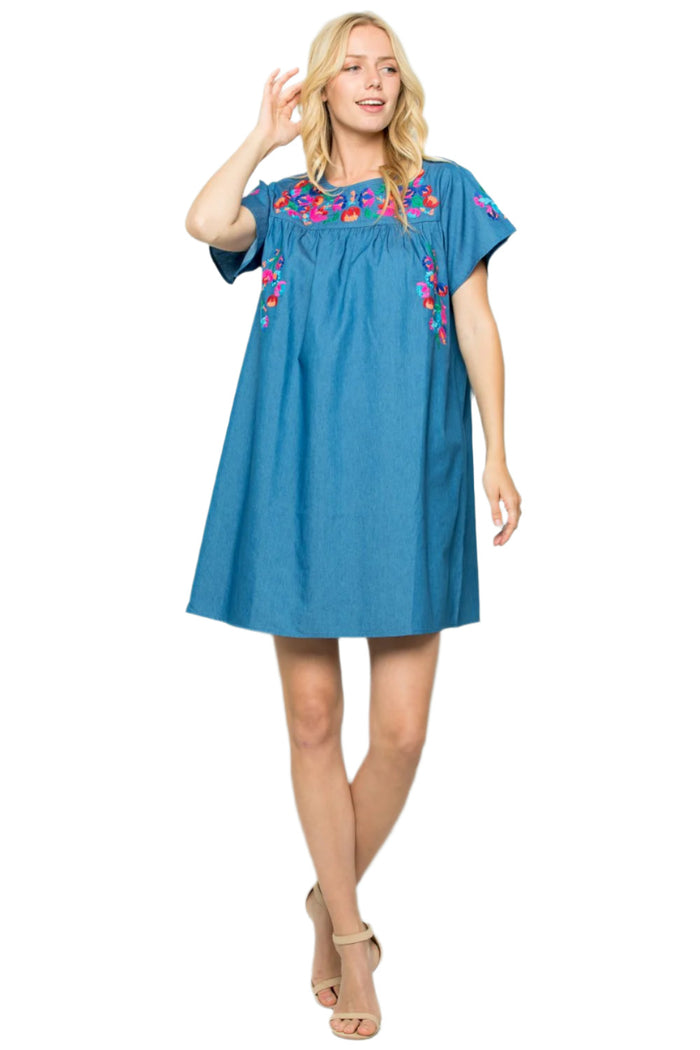 Take It Easy Embroidered Dress, Chambray