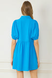 Bubble Sleeve Mini Dress, Blue