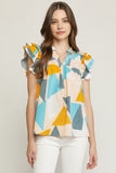 entro USA Geometric Ruffle Sleeve Top