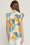 Geometric Ruffle Sleeve Top, Jade