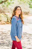 Denim Embroidered Top
