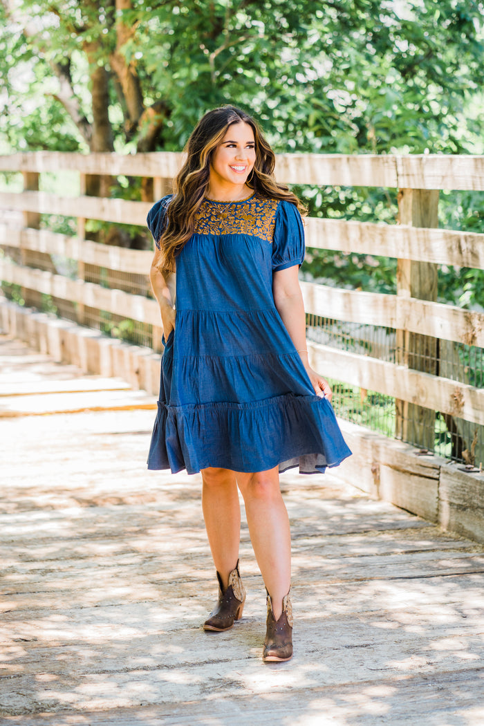 Layerz Denim embroidered tiered dress