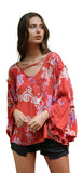 Floral Ruffle Seam Bell Sleeve Tunic, Watermelon