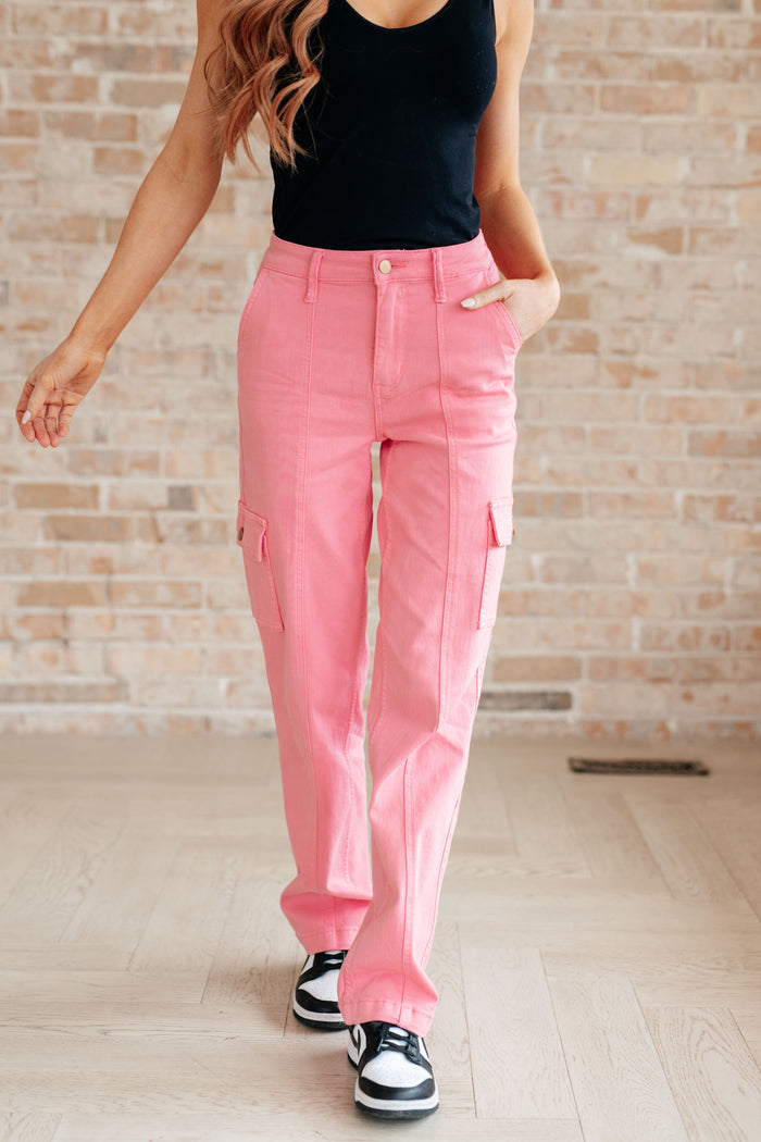 Peggy High Rise Cargo Straight Jeans, Pink