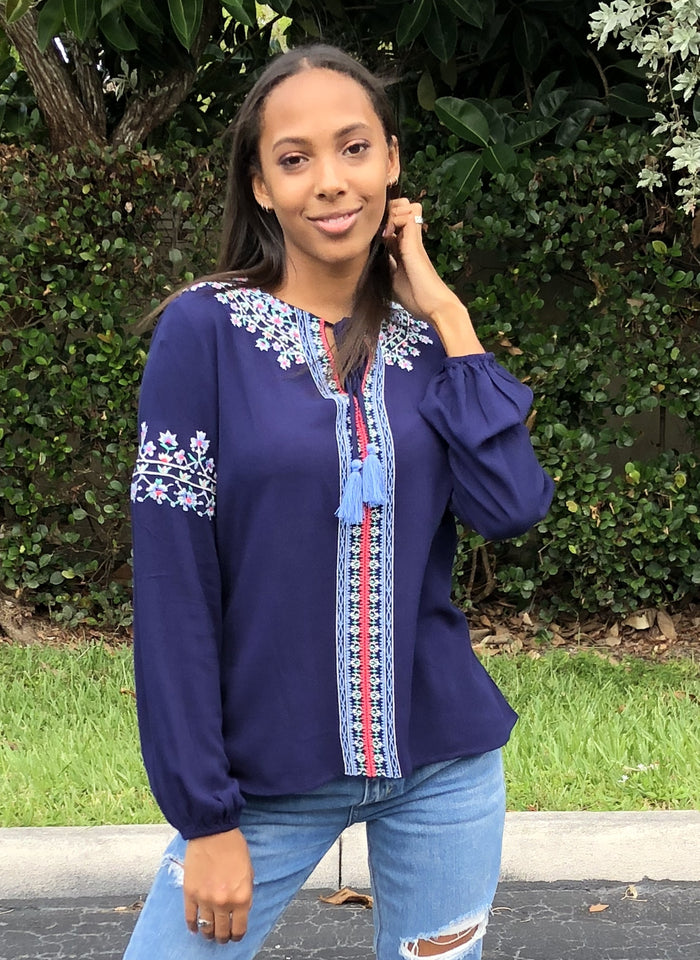 Coming Up Daisies Embroidered Top, Navy