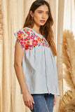 Striped Babydoll Embroidered Top, Denim