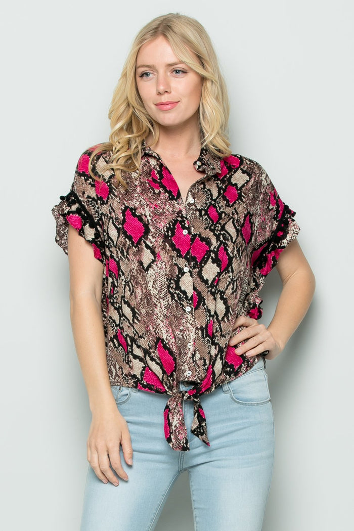 Snake Skin Front Tie Top, Pink