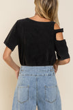 Distressed Short Sleeve Cotton Top, Black