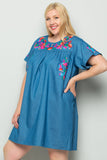 Take It Easy Embroidered Dress, Chambray