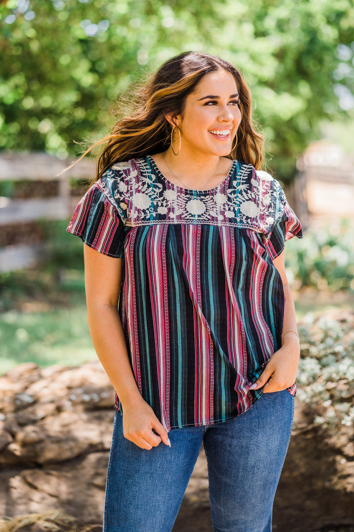 Layerz  striped & embroidered Fiesta short sleeve top