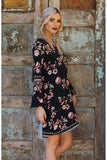 Floral Double Ruffle Sleeve Open Back Dress, Black