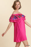 Floral Embroidered Ruffled Dress, Fuchsia