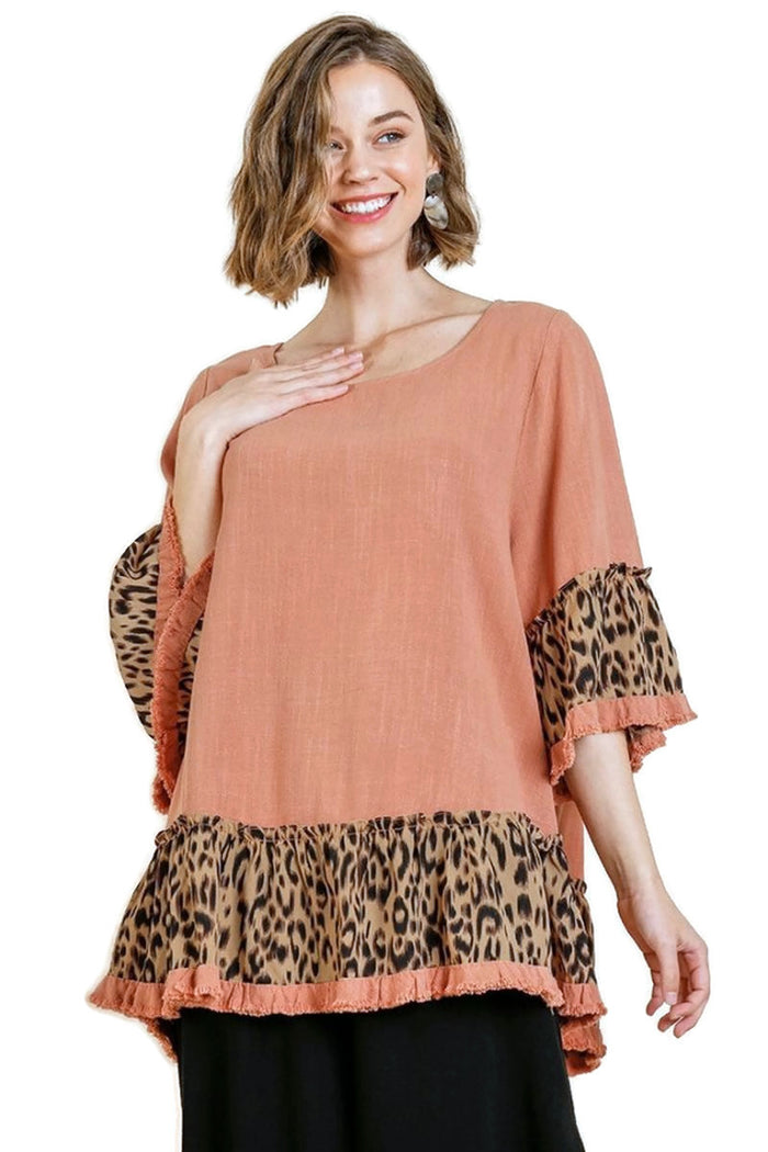 umgee animal print bell sleeve ruffle hem top