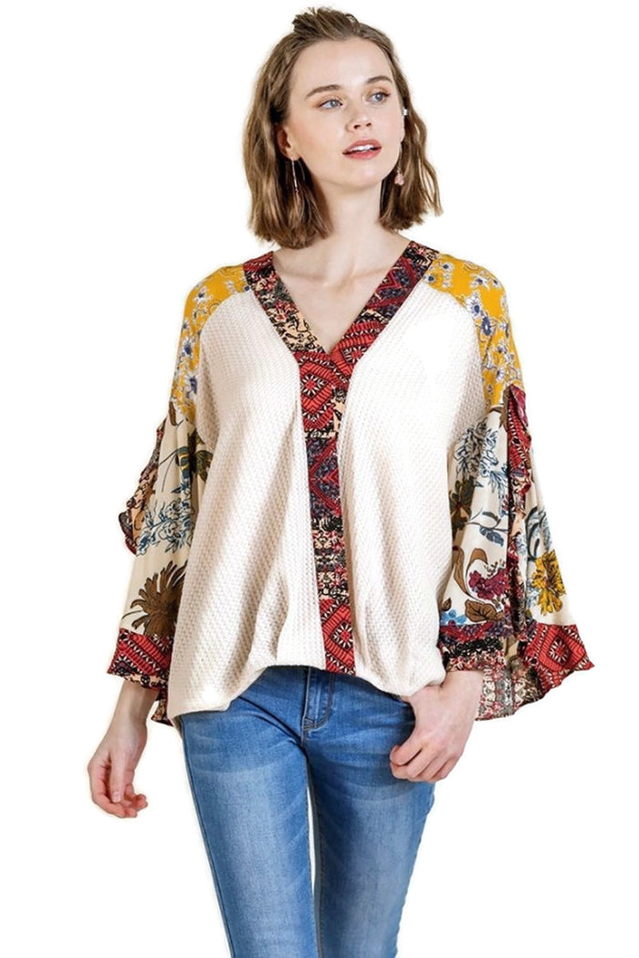 umgee floral bell sleeve crossbody top