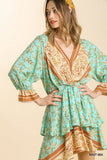Floral Border Print Layered Dress, Mint
