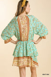 Floral Border Print Layered Dress, Mint