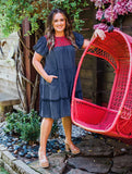 Pink Embroidered Tiered Denim Dress