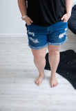 Distressed Mid-Rise Dark Wash Denim Shorts