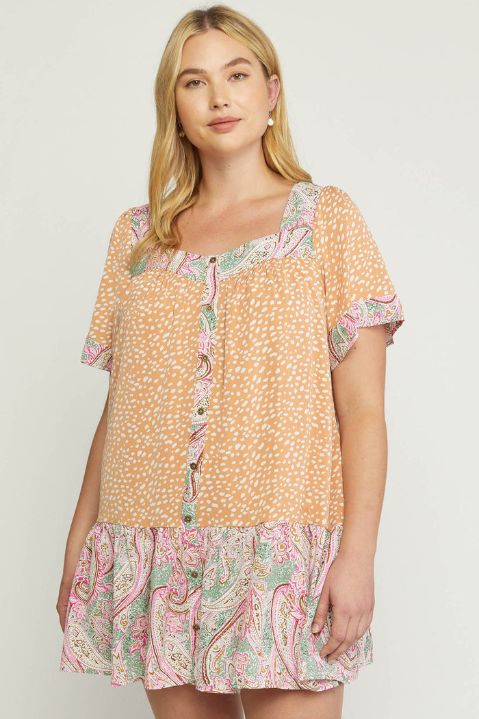 ENTRO USA Mixed Print Square Neck Dress