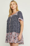 Mixed Print Square Neck Dress, Navy