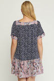Mixed Print Square Neck Dress, Navy