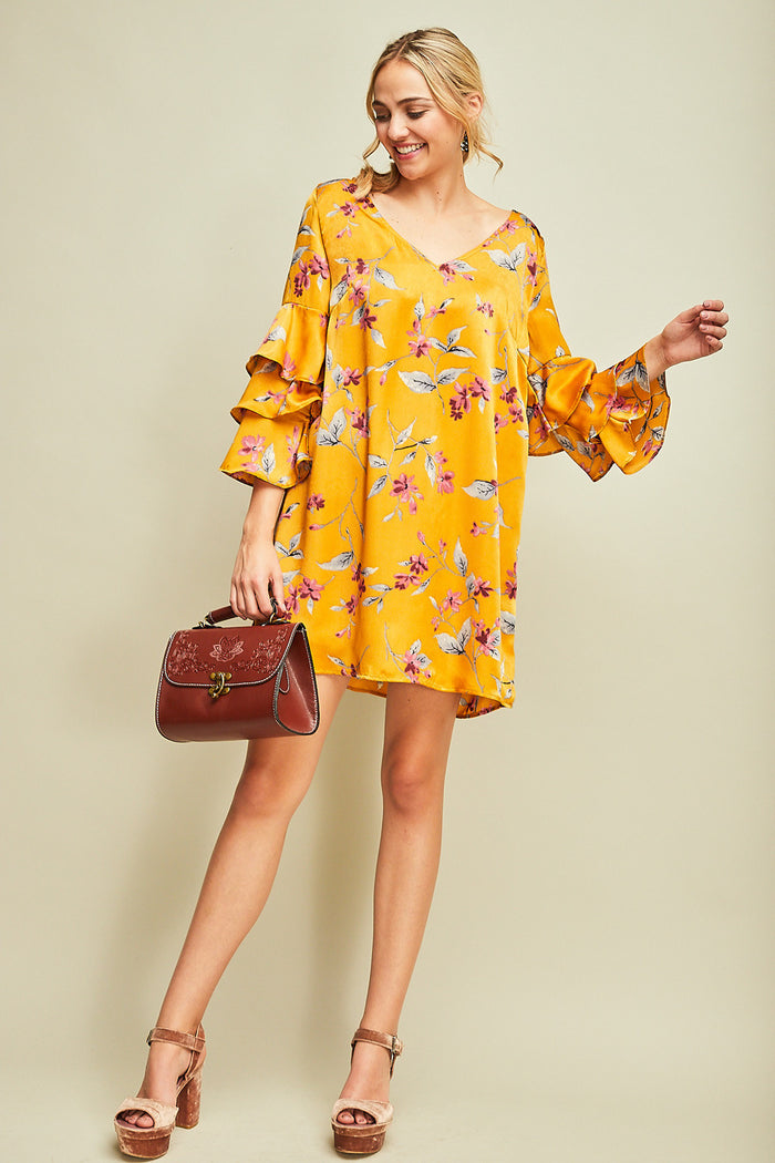 ENTRO FLORAL AND RUFFLE SLEEVE MINI DRESS