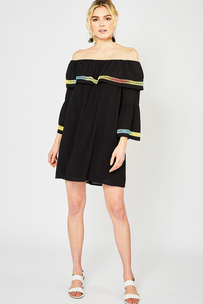 black bell sleeve mini dress Off The Shoulder Bell Sleeve Dress In Black