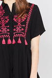 Embroidered & Tassel Mini Dress, Black