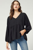 Textured Long Sleeve Babydoll Top, Black