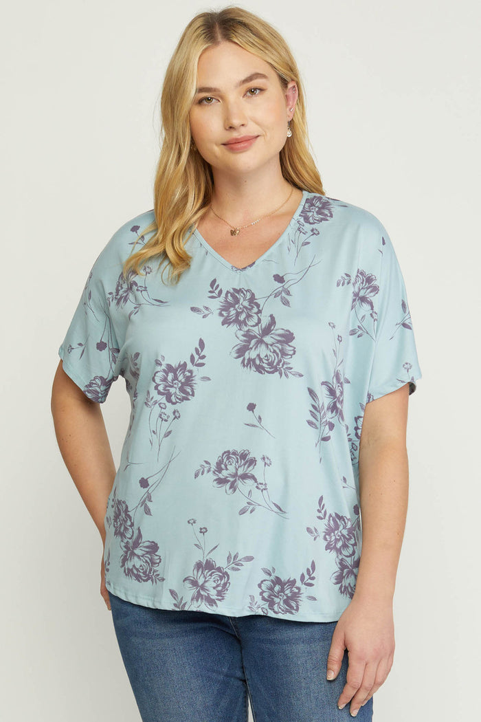 Entro USA Floral V-Neck Top, Blue