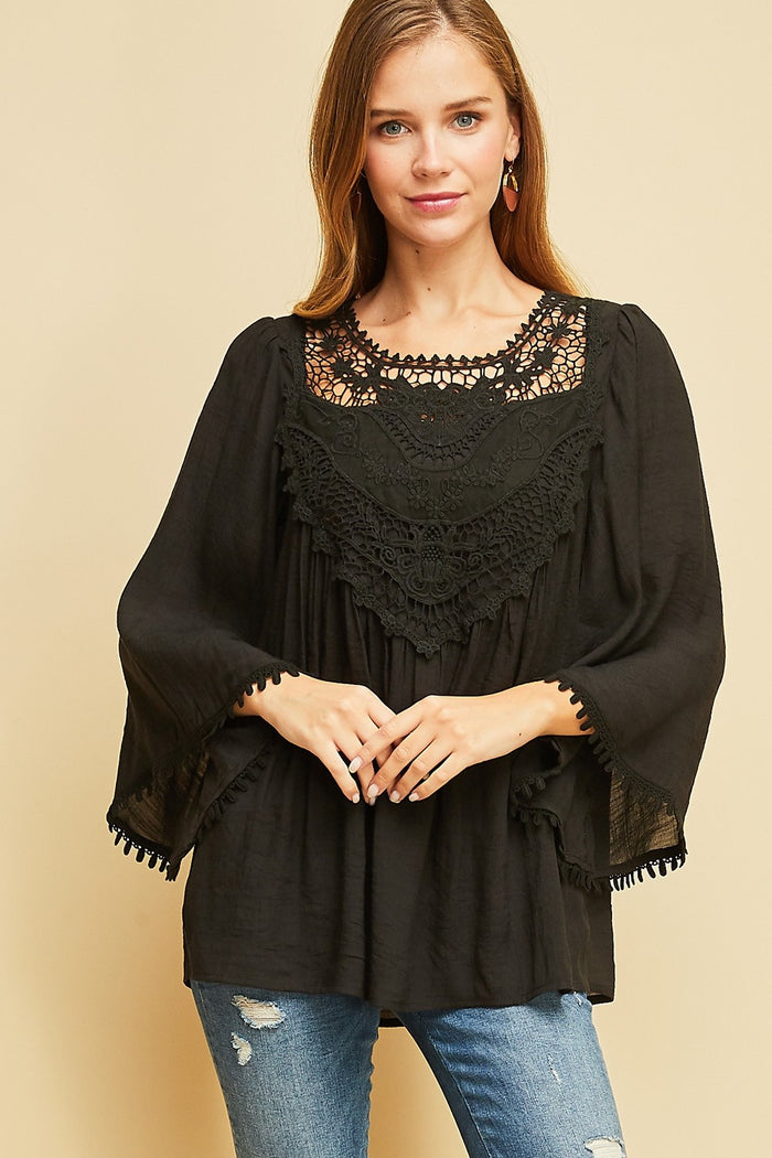 Crochet Lace Flare Sleeve Top, Black