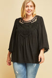Crochet Lace Flare Sleeve Top, Black