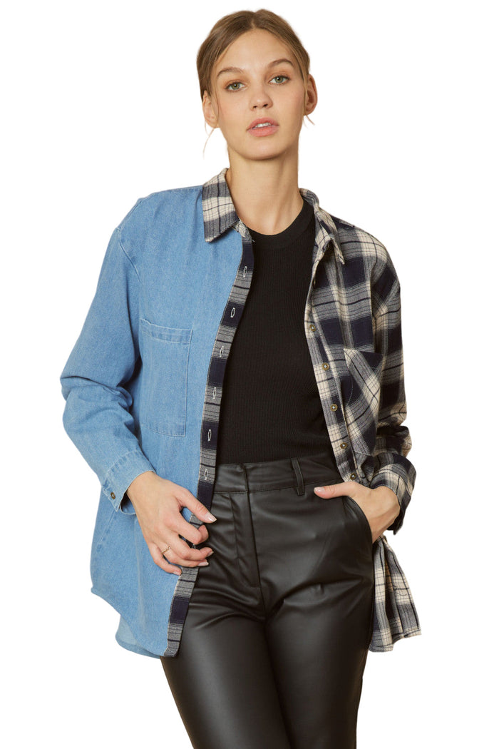 entro usa denim & plaid long sleeve top