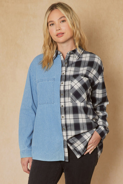 Women's Denim & Plaid Top - entro S