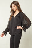Textured V-Neck Top, Black