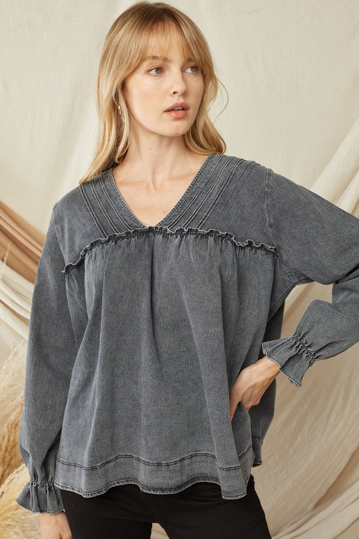 entro denim v-neck ruffled top