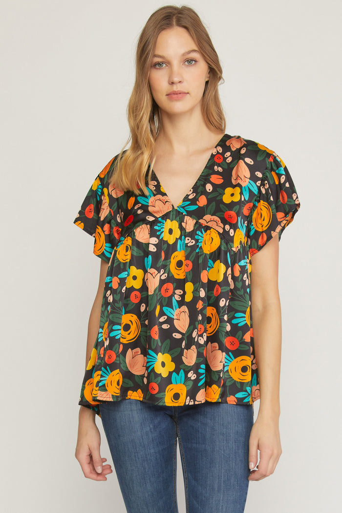 ENTRO USA Floral Babydoll Flutter Sleeve Top