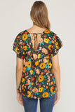 Floral Babydoll Flutter Sleeve Top, Black