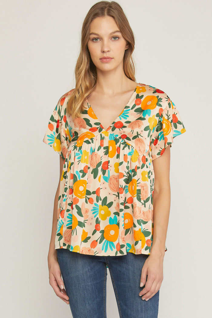 ENTRO USA Floral Babydoll Flutter Sleeve Top