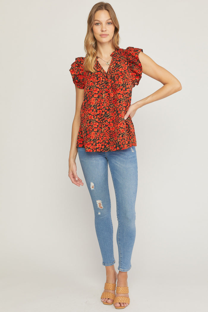 entro floral ruffle sleeve top