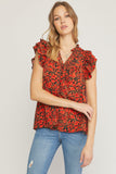 Floral Ruffle Sleeve Top, Black
