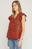 Floral Ruffle Sleeve Top, Black