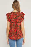 Floral Ruffle Sleeve Top, Black