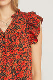 Floral Ruffle Sleeve Top, Black