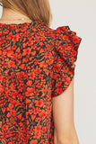 Floral Ruffle Sleeve Top, Black