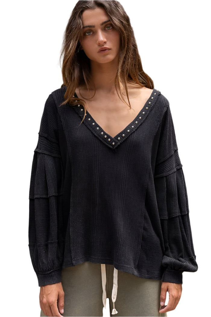 Stud Detail Balloon Sleeve Top, Black