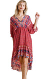 Mixed Print Bohemian Midi Dress, Red