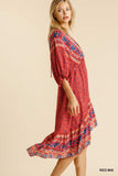 Mixed Print Bohemian Midi Dress, Red