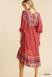 Mixed Print Bohemian Midi Dress, Red
